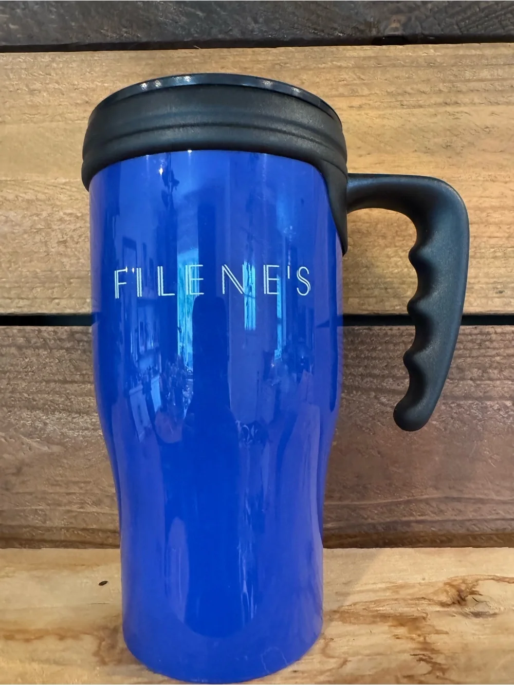 Vintage Blue FILENE'S Travel Mug